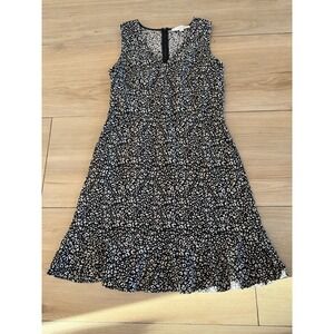 Loft Womens Animal Print V-Neck Sleeveless Ruffle Hem Dress Black White Size 4